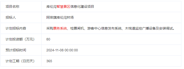 庫(kù)倫溝智慧景區(qū)信息化建設(shè)項(xiàng)目招標(biāo)計(jì)劃表